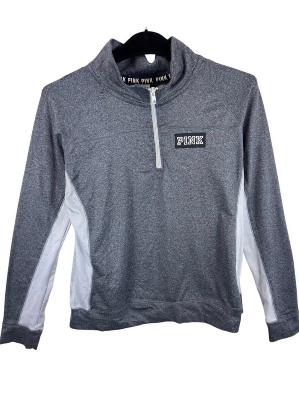 PINK Victoria's Secret Gray White Mock Neck 1/4 Zip Long Sleeve Pullover Size L